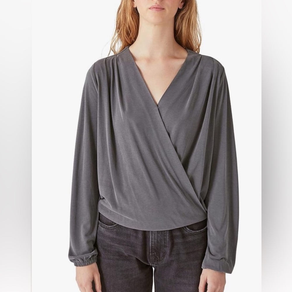 NWT Lucky Brand Gray Long Sleeve Wrap Blouse